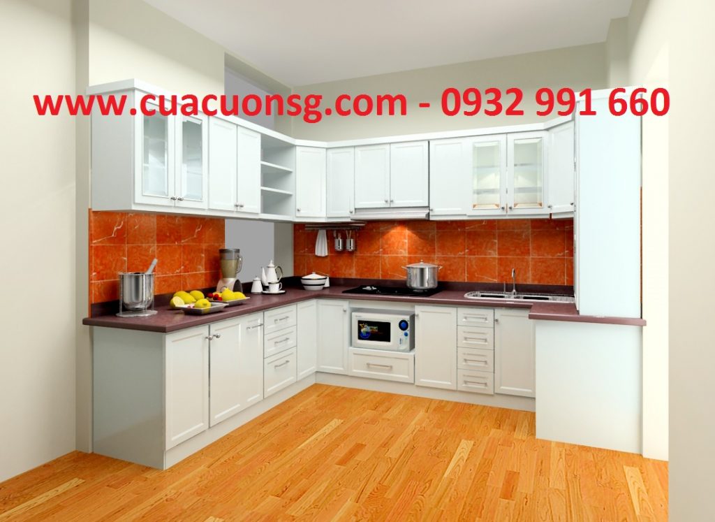 Tủ bếp nhôm kính sơn tĩnh điện màu trắng sứ