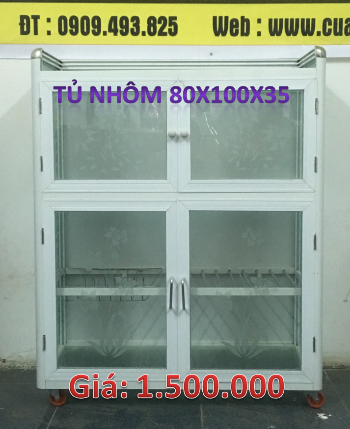 Tủ nhôm kính chén bát trắng sữa 80x100