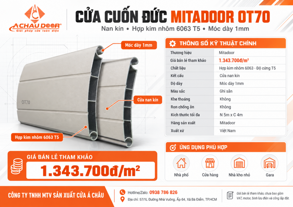 Cửa Cuốn Đức Nan Kín Mitadoor OT70, Móc dày 1mm, Thanh chịu lực dày 1mm - TL 6,5 kg/m² 1 OT70