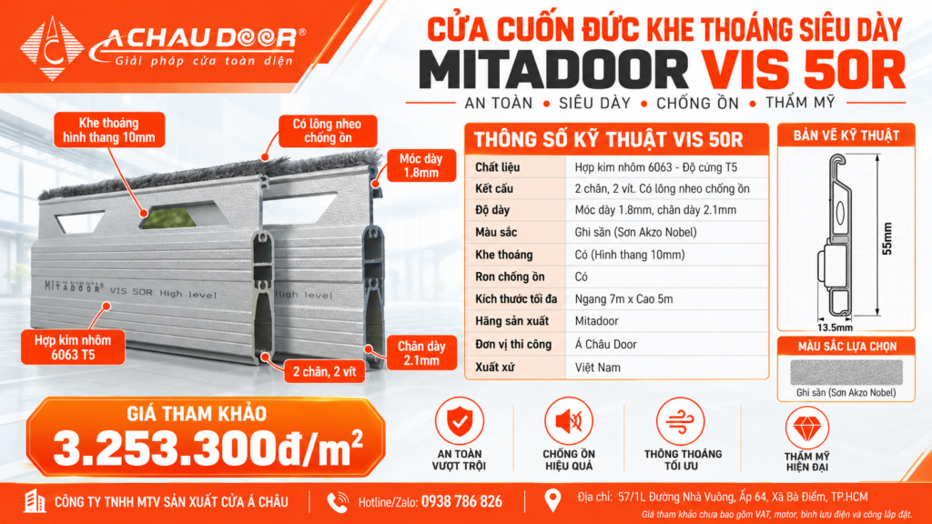 Cửa Cuốn Đức Khe Thoáng Siêu Dày Mitadoor VIS 50R, Móc dày 1.8mm, Chân dày 2.1mm - TL 18kg/m² 1 vis50r