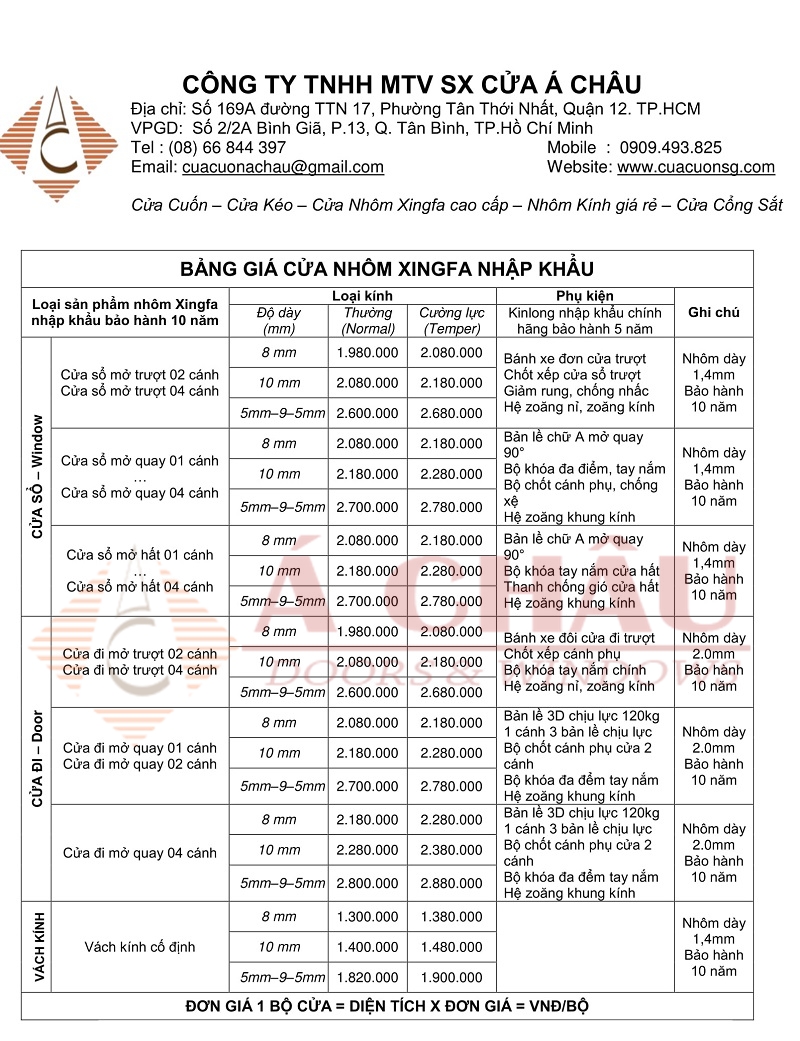 báo giá cửa nhôm xingfa Bảng giá cửa nhôm Xingfa chính hãng