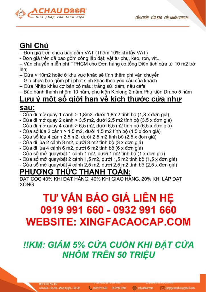ghi chú bảng giá cửa nhôm xingfa 2022