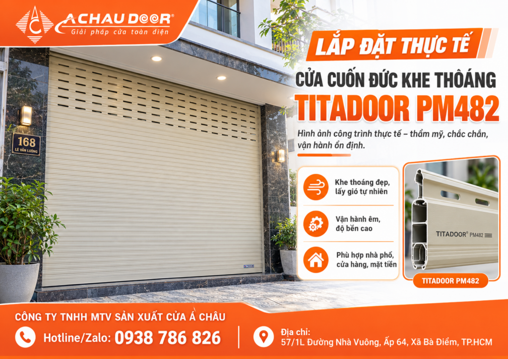 Cửa Cuốn Đức Khe Thoáng Titadoor PM482* NEW, Móc dày 1.15mm, Chân chịu lực dày 1.15mm - TL 10.9kg/m2 4 LAP DAT THUC TE PM482
