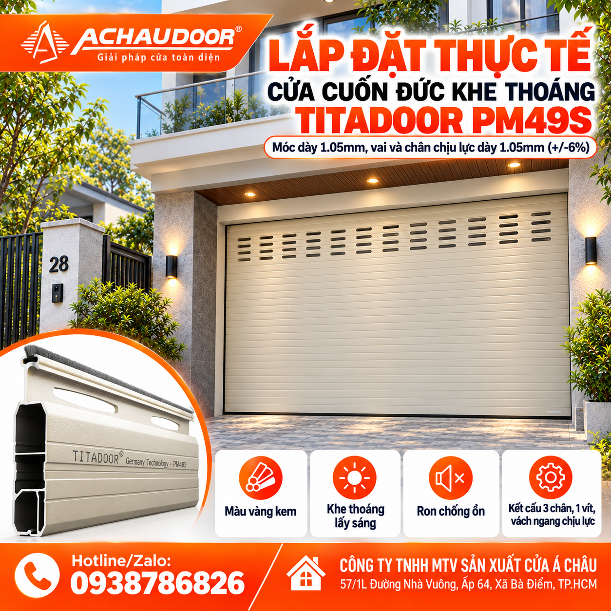 Cửa Cuốn Đức Khe Thoáng Titadoor PM49S, Móc dày 1.05mm, Chân chịu lực dày 1.05mm 4 LAP DAT THUC TE PM49S