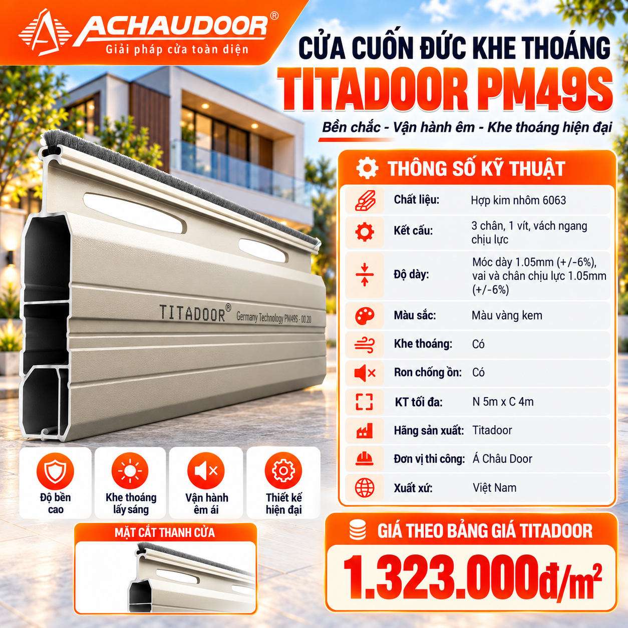 Cửa Cuốn Đức Khe Thoáng Titadoor PM49S, Móc dày 1.05mm, Chân chịu lực dày 1.05mm 1 PM49SS
