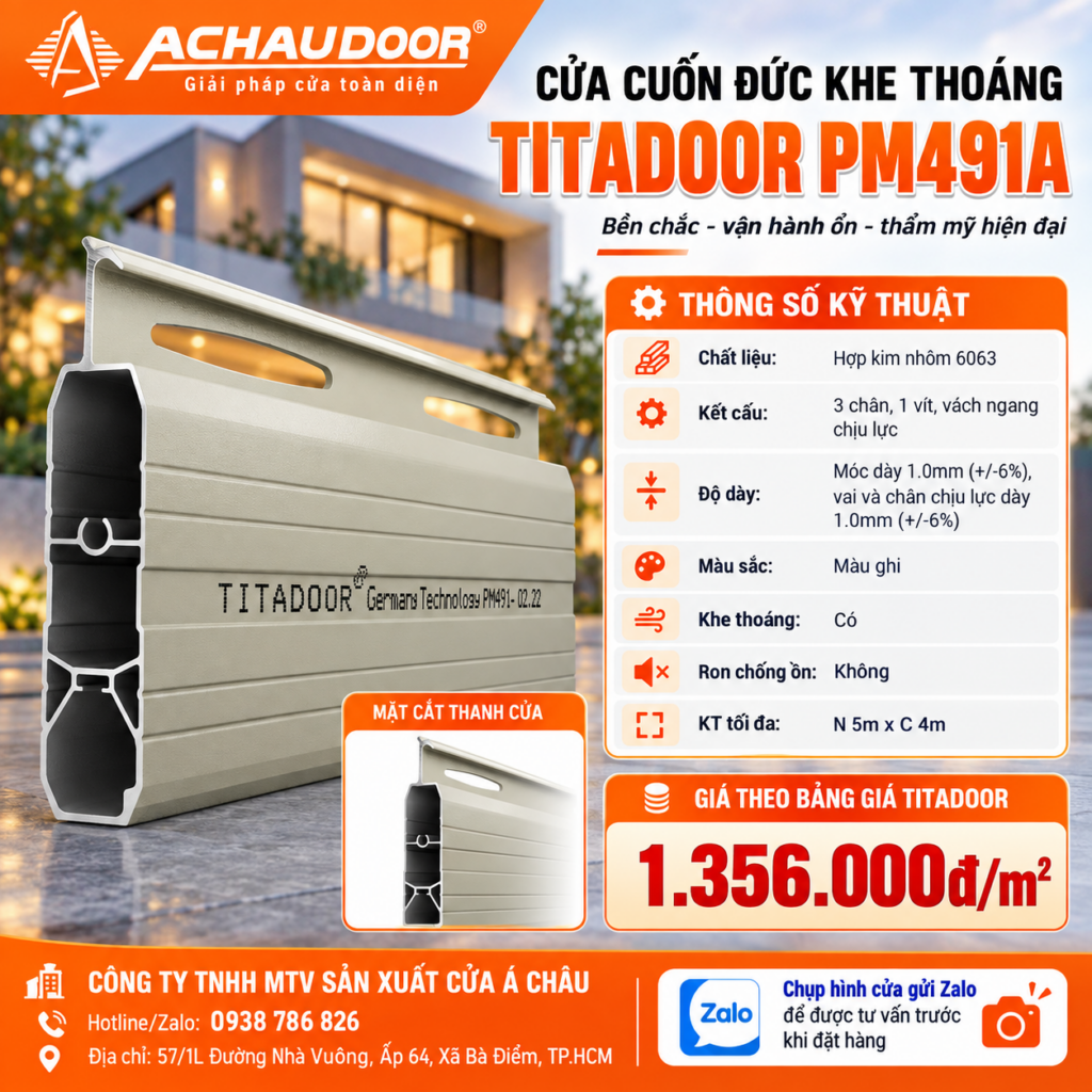 Cửa Cuốn Đức Khe Thoáng Titadoor PM491A, Móc dày 1.0mm, Chân chịu lực dày 1.0mm - TL 8,7kg/m2 4 pm491s