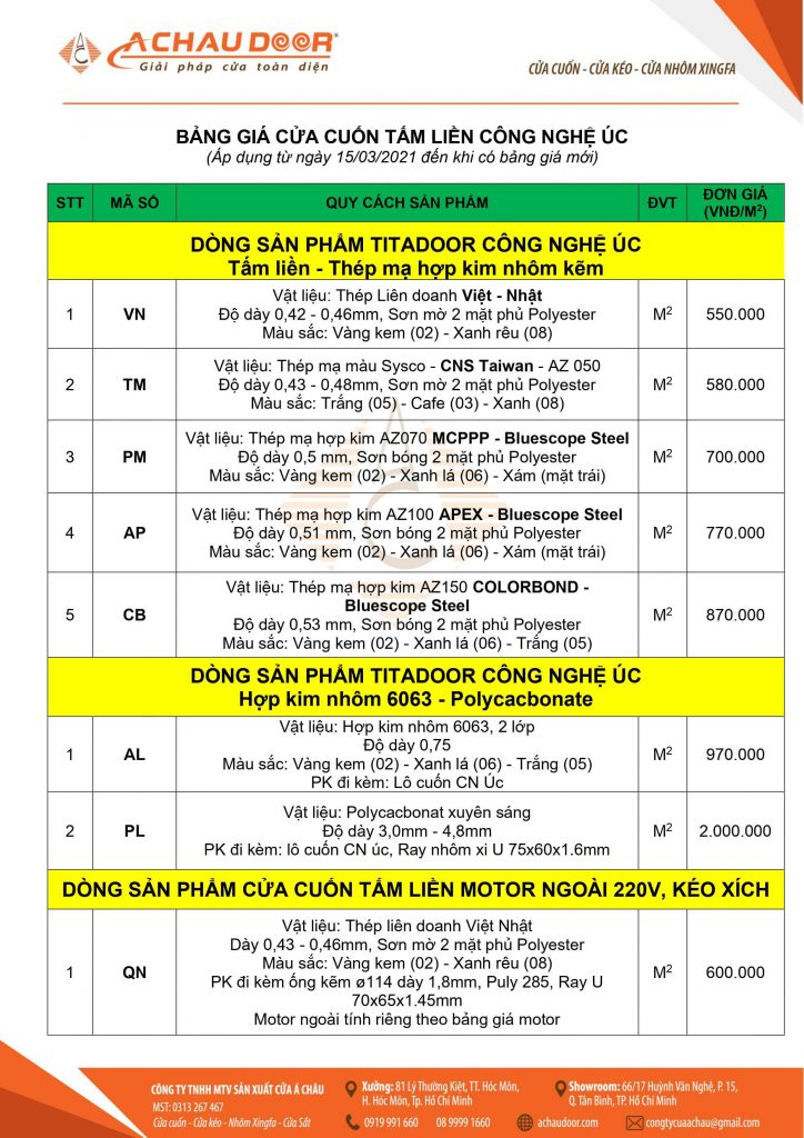Bảng giá cửa cuốn tấm liền công nghệ úc hãng Titadoor năm 2021