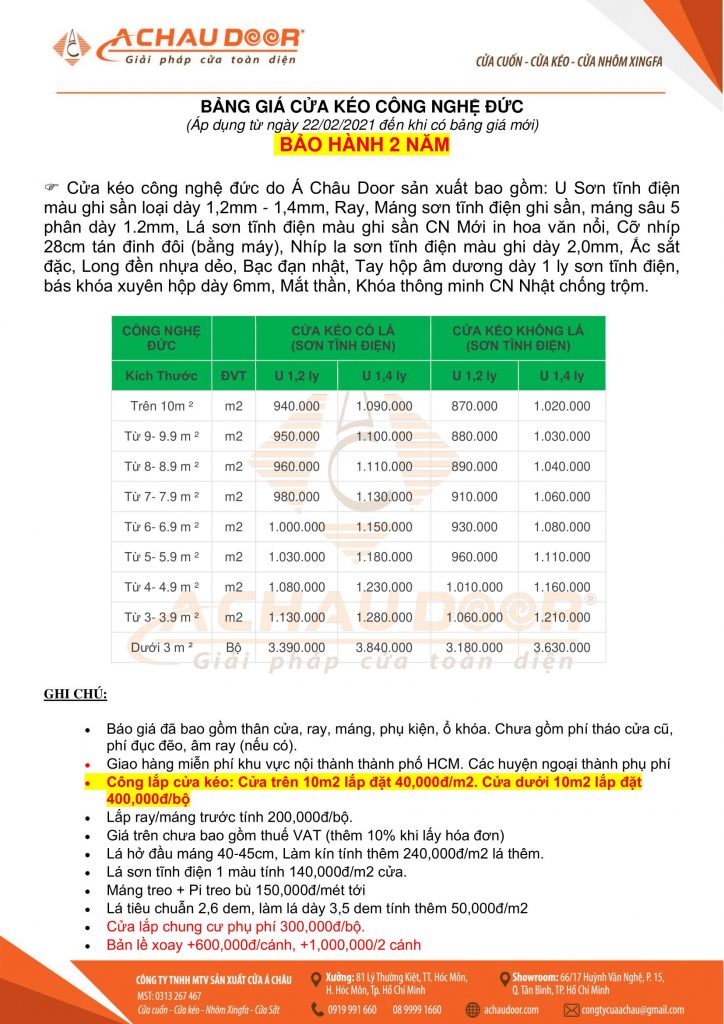 bảng giá cửa kéo công nghệ đức