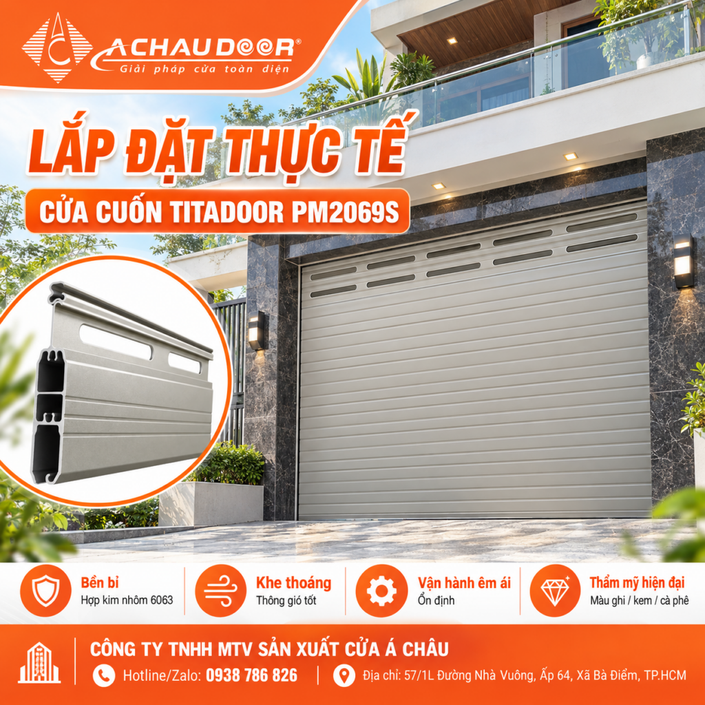 Cửa Cuốn Đức Khe Thoáng Titadoor PM2069S, Móc dày 1.5mm, Chân chịu lực dày 1.8 - 2.9mm - TL 14,6kg/m2 4 lap dat thuc te 2069s
