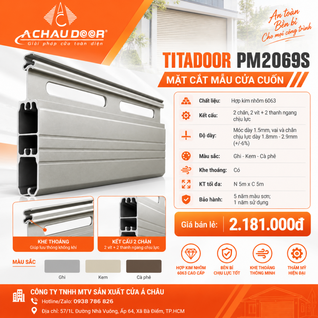 Cửa Cuốn Đức Khe Thoáng Titadoor PM2069S, Móc dày 1.5mm, Chân chịu lực dày 1.8 - 2.9mm - TL 14,6kg/m2 1 pm2069sss