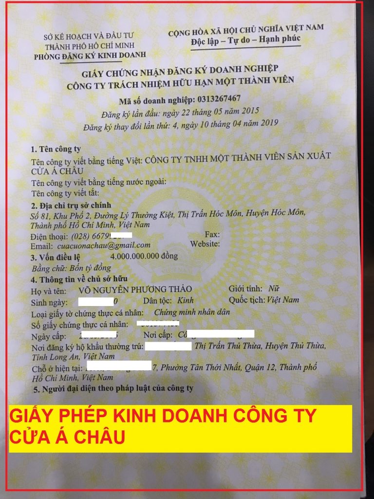 Cửa Cuốn Á Châu cảnh báo tình trạng cá nhân, đơn vị, trang web, fanpage giả mạo thương hiệu 11 Giay phep kinh doanh cua cuon a chau