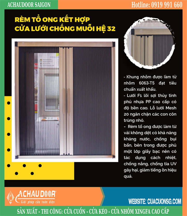 rèm tổ ong kết hợp cửa lưới hệ 32