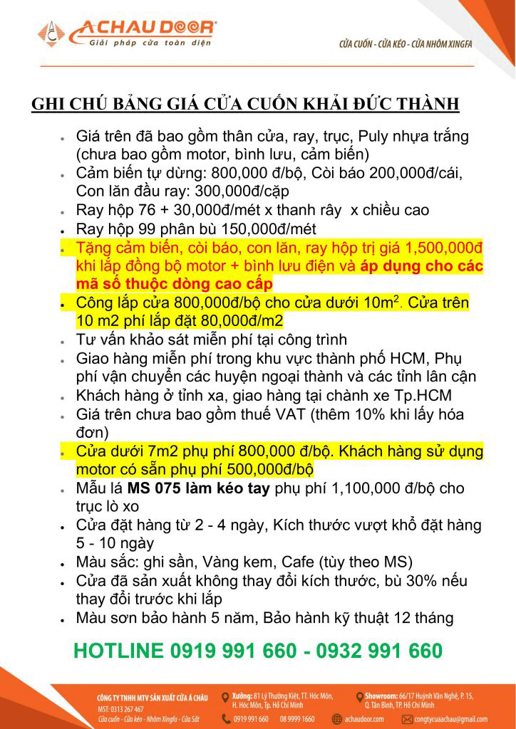 bảng giá cửa cuốn khải đức thành kdt 2023