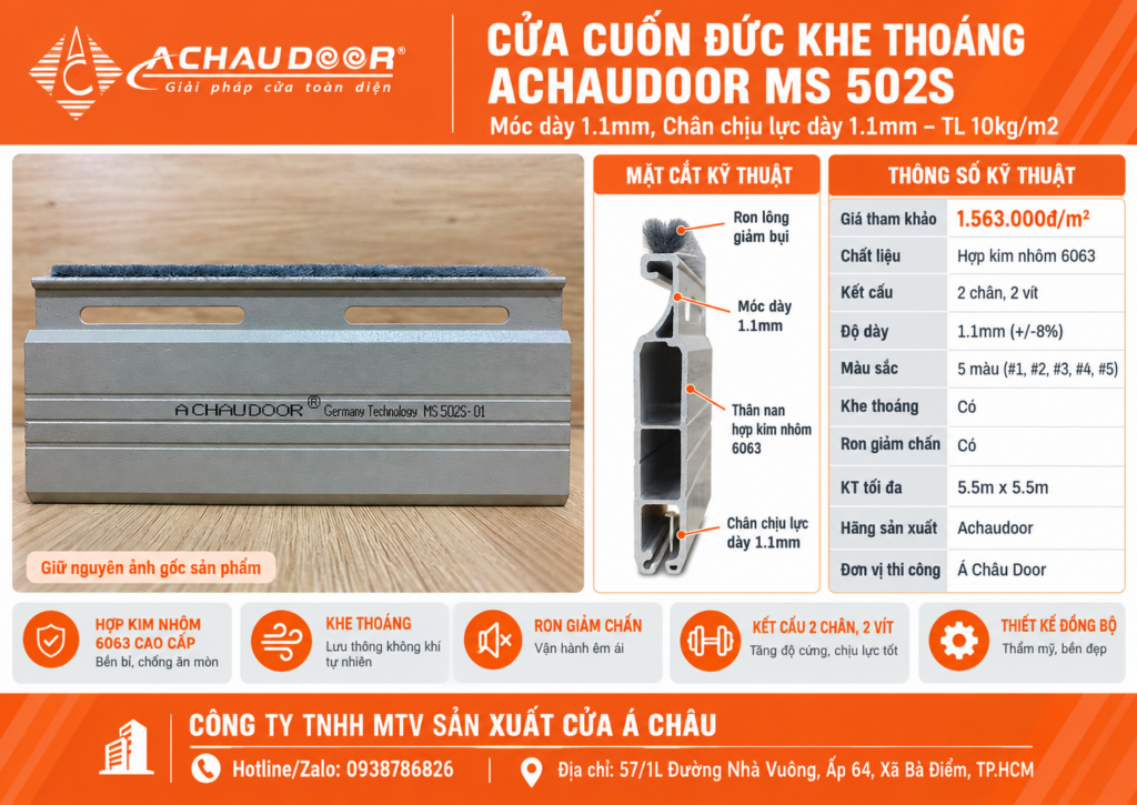 Cửa Cuốn Đức Khe Thoáng Achaudoor MS 502S, Móc dày 1.1mm, Chân chịu lực dày 1.1mm - TL 10kg/m2 1 ms 502ss