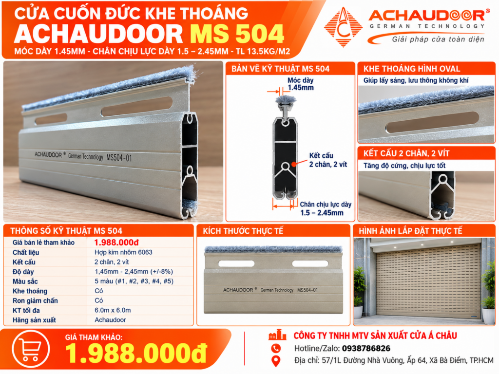 Cửa Cuốn Đức Khe Thoáng Achaudoor MS 504, Móc dày 1.45mm, Chân chịu lực dày 1.5 - 2.45mm - TL 13.5kg/m2 1 ms 504s