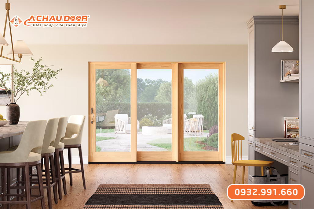 Cửa nhôm trượt quay 3 cánh màu vân gỗ 1 Cửa nhôm trượt quay 3 cánh màu vân gỗ
