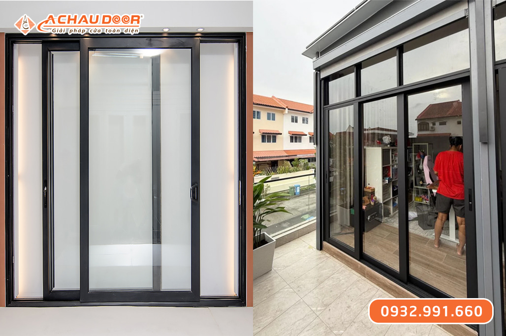 Cửa nhôm kính cường lực 2 cánh lùa 2 Cửa nhôm kính cường lực 2 cánh lùa