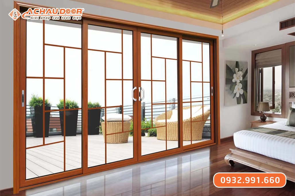 Cửa nhôm trượt quay 4 cánh màu vân gỗ 3 Cửa nhôm trượt quay 4 cánh màu vân gỗ