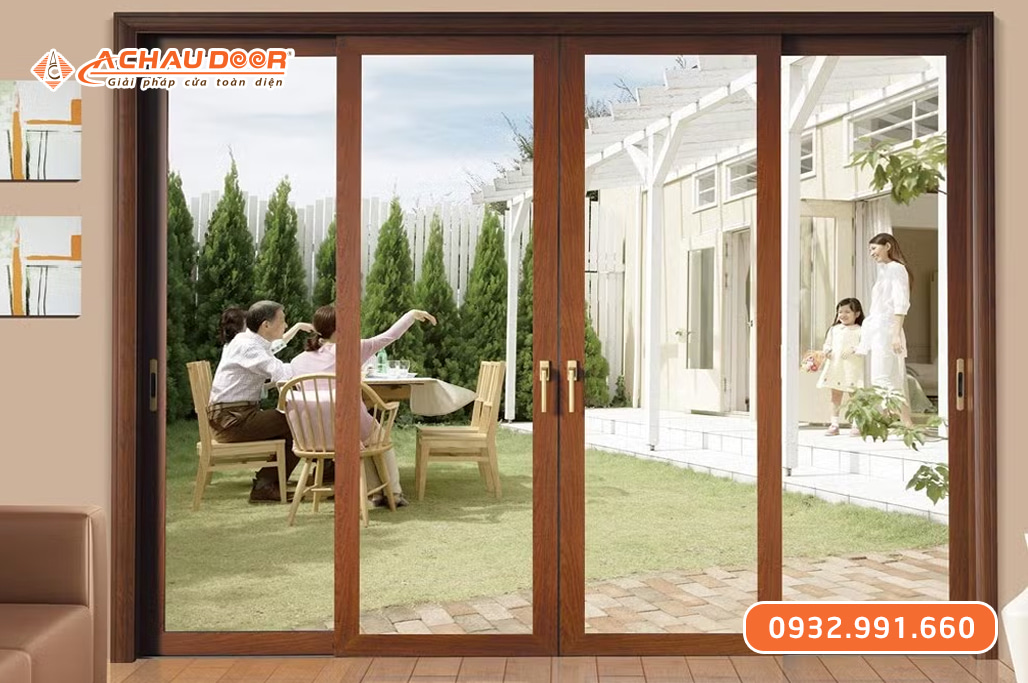 Cửa nhôm trượt quay 2 cánh màu vân gỗ 3 Cửa nhôm trượt quay 2 cánh màu vân gỗ
