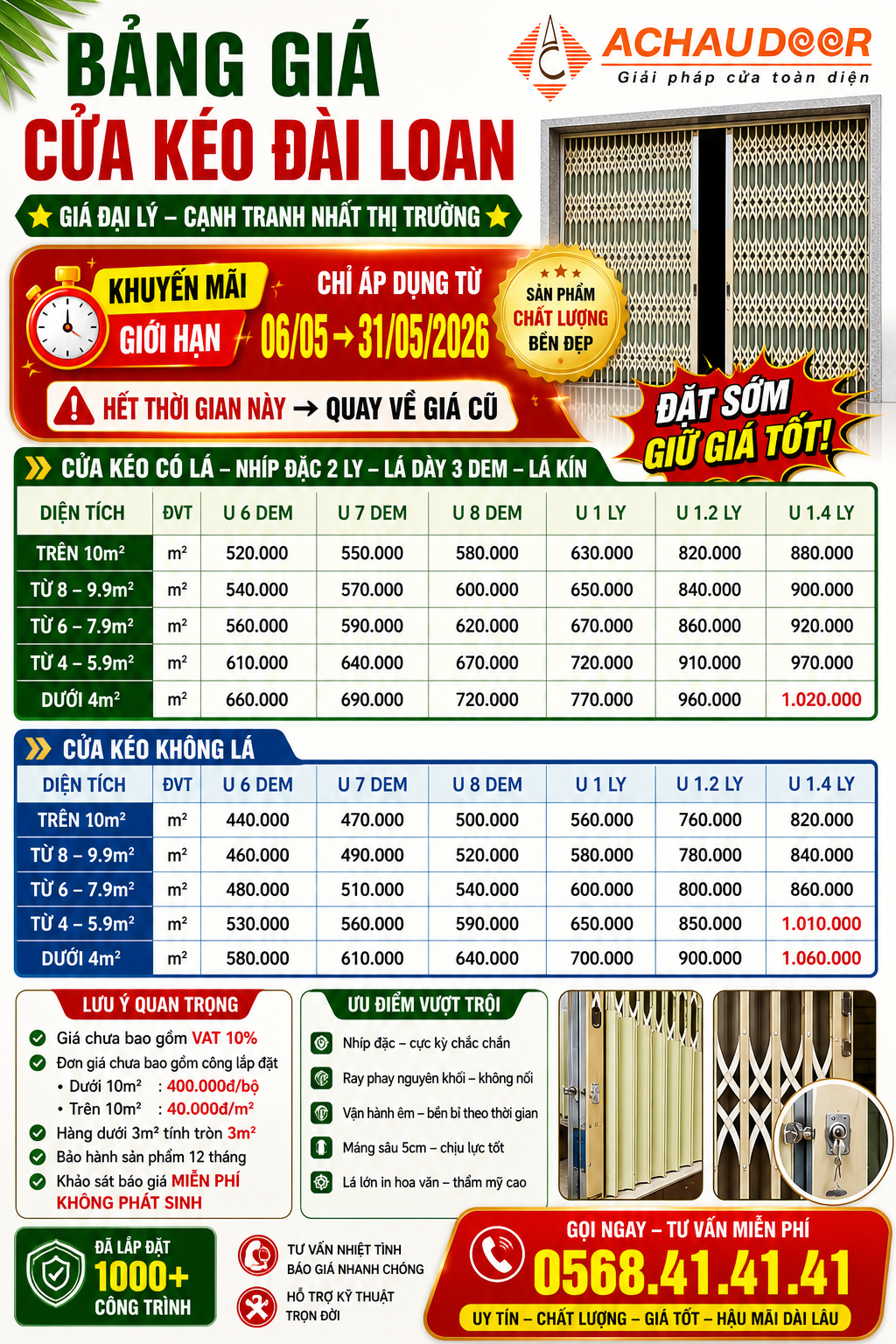 bảng giá cửa kéo đài loan tháng 5 năm 2026 Khuyến mãi