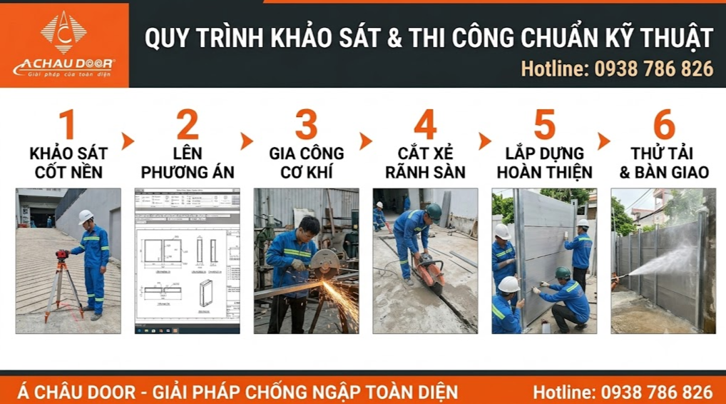 Giải Pháp Vách Ngăn Chống Ngập Hầm Xe Hiệu Quả Nhất Hiện Nay 4 Các bước quy trình vách ngăn chống ngập tại Á Châu Door