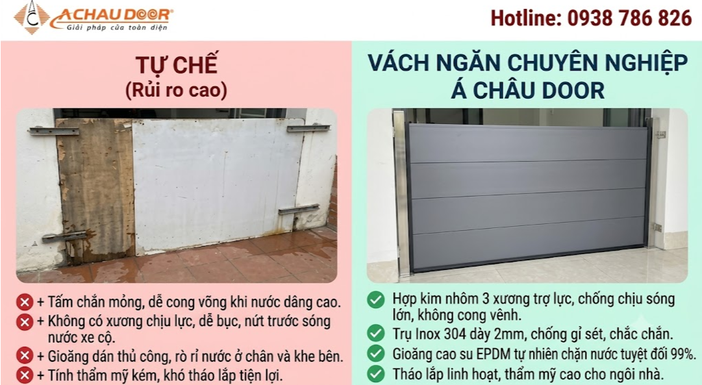 Giải Pháp Vách Ngăn Chống Ngập Hầm Xe Hiệu Quả Nhất Hiện Nay 2 So sánh vách ngăn chống ngập tự chế và vách ngăn chống ngập Á Châu Door