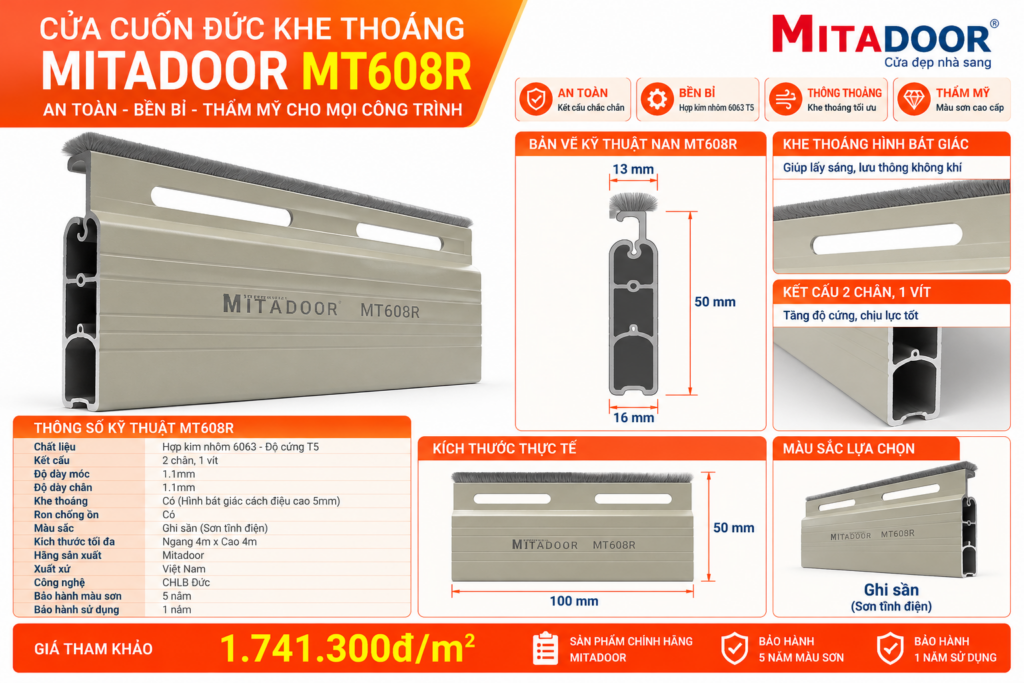 Cửa Cuốn Đức Khe Thoáng Mitadoor MT608R, Móc dày 1.1mm, Chân dày 1.1mm - TL 11,5 kg/m² 1 mt608r 1