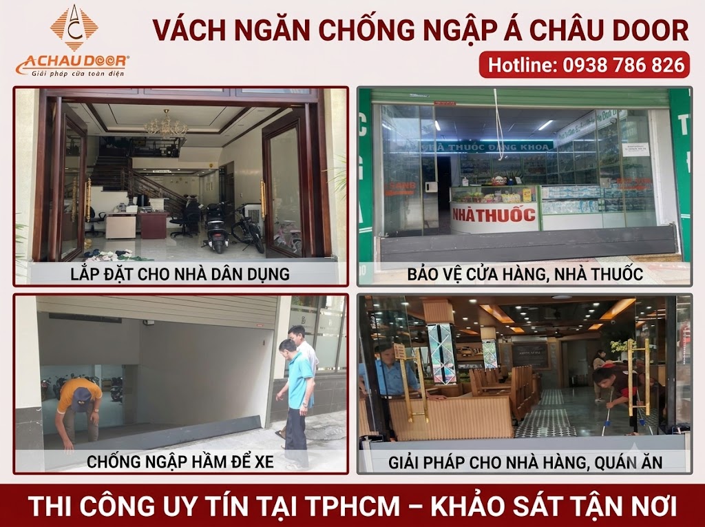 Hình ảnh thực tế thi công vách ngăn chống ngập Á Châu Door 